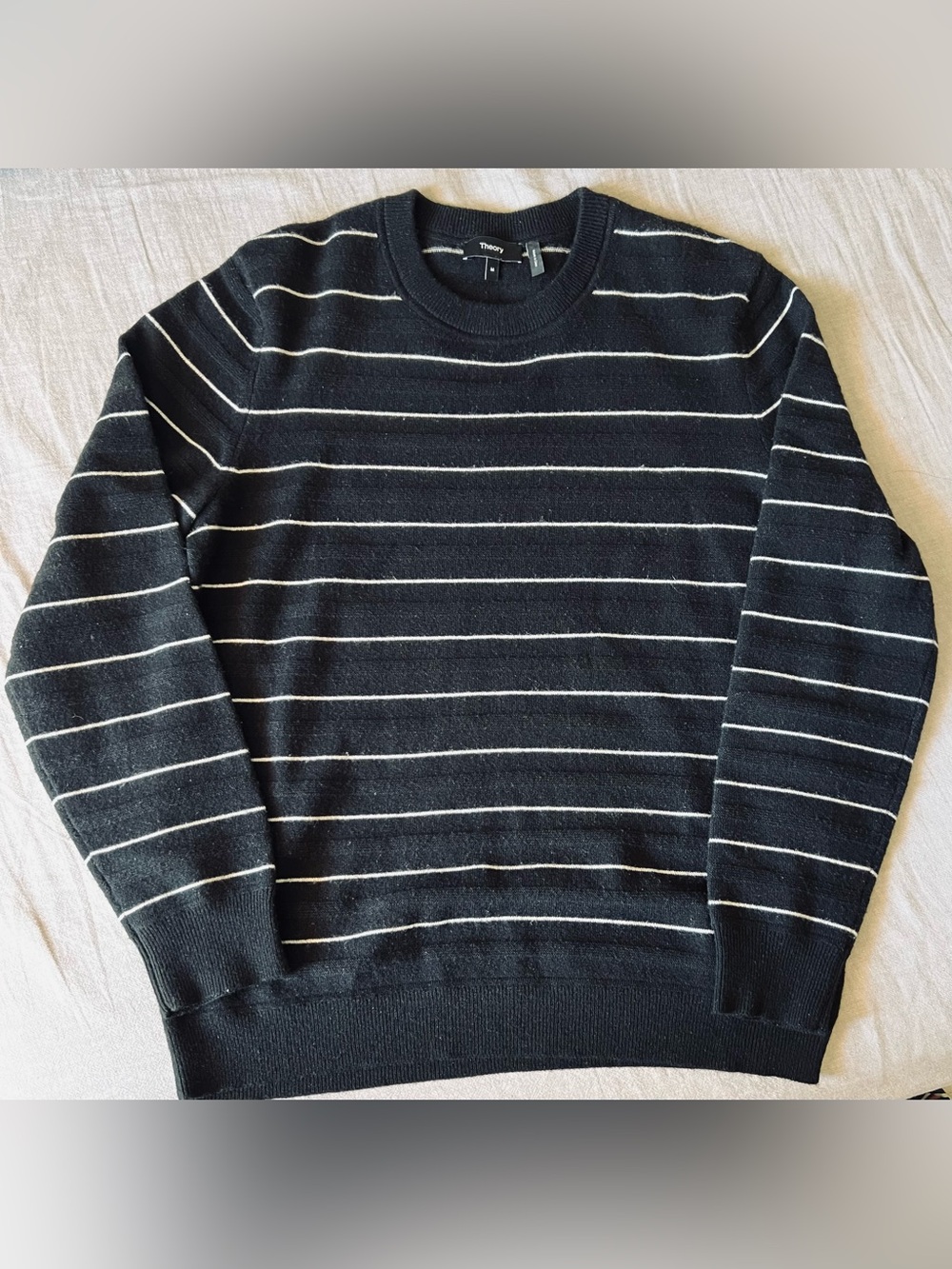 Theory Haider Cashmere Crewneck Sweater Men's Sz M Black w/ White Rugby Stripes
